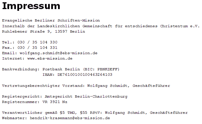 Impressum von www.EBS-Mission.de
